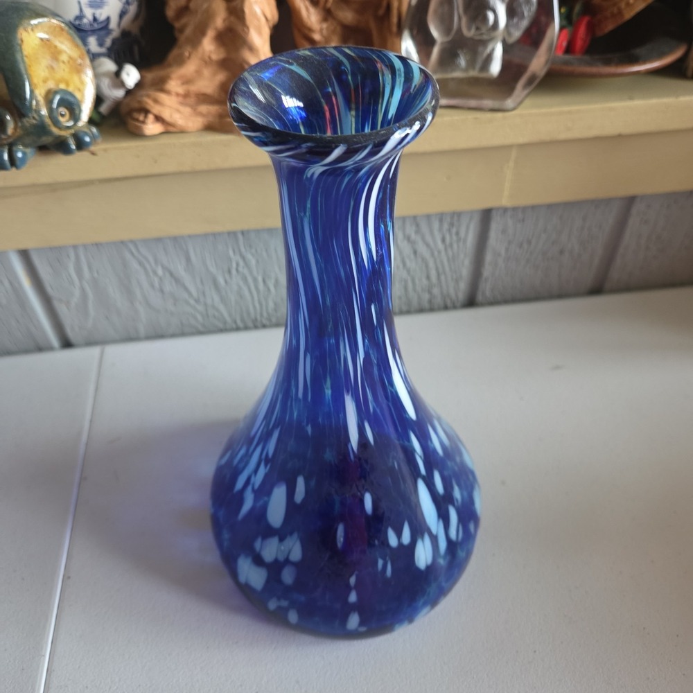 Abstract Art Glass Vase Decanter Style Hand Blown Mexico Blue White Ovals